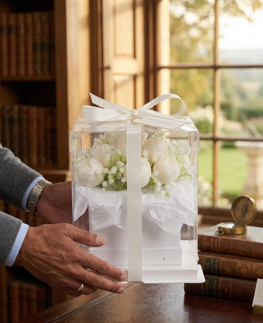 Clear gift box with white flowers and a bow held by a person in a room with books and a window.