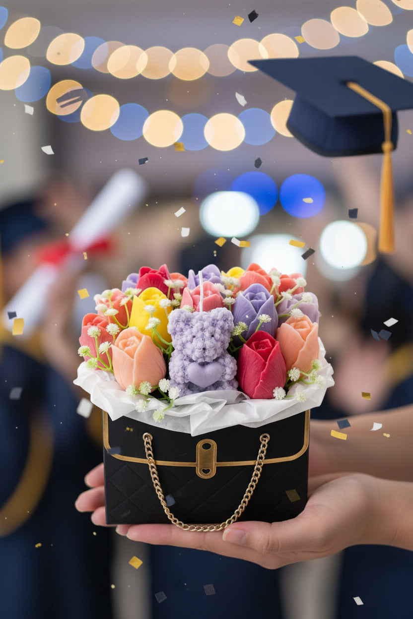Colorful flower arrangement with a teddy bear inside a black handbag on a white background