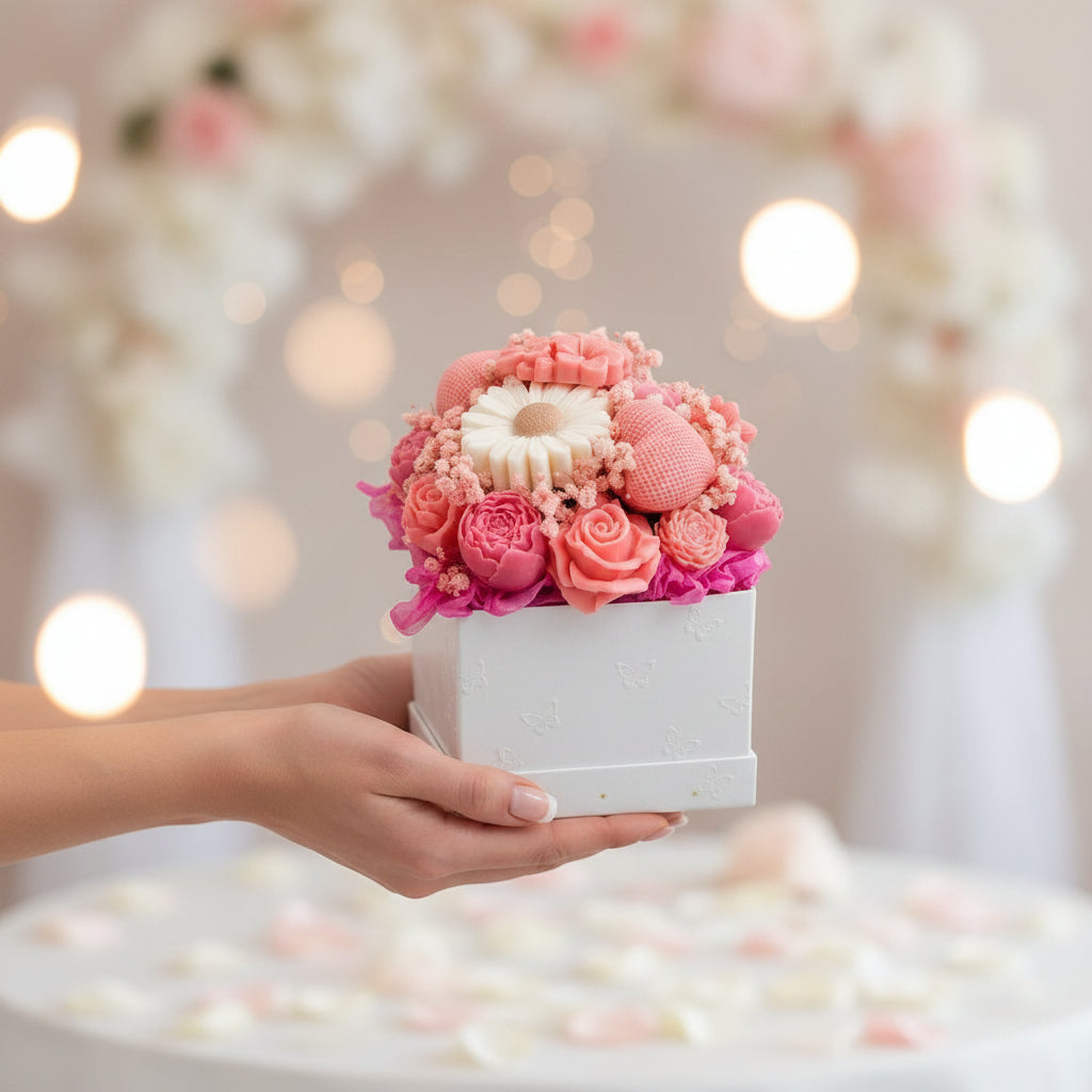 Pink and white floral soap arrangement in a box on a light gray background