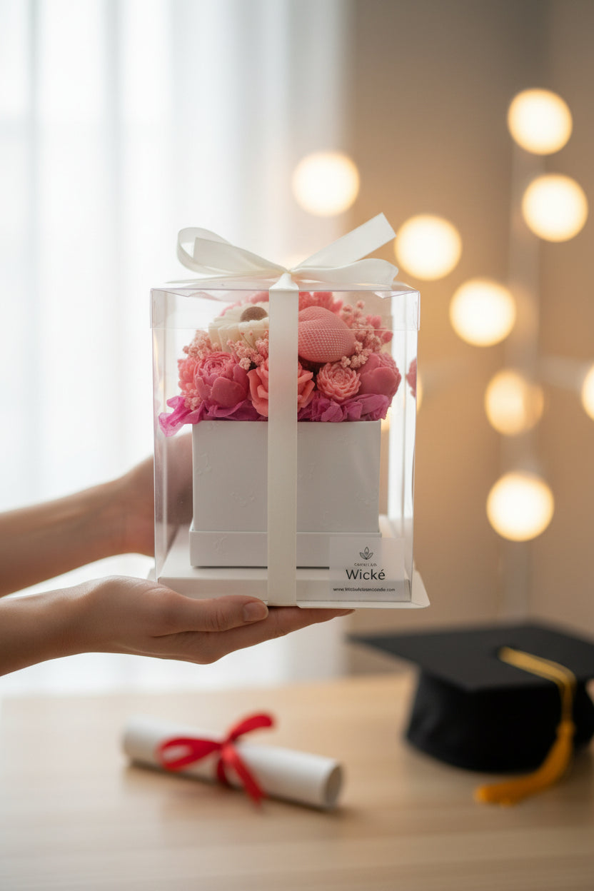Pink floral arrangement in a clear box with a white bow, branded 'Wicke'.