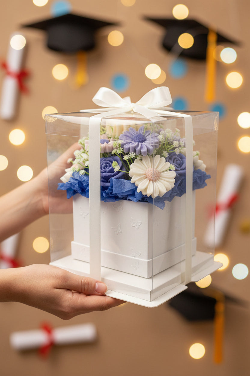 Floral arrangement in a clear box with 'Wicke' branding on a white background
