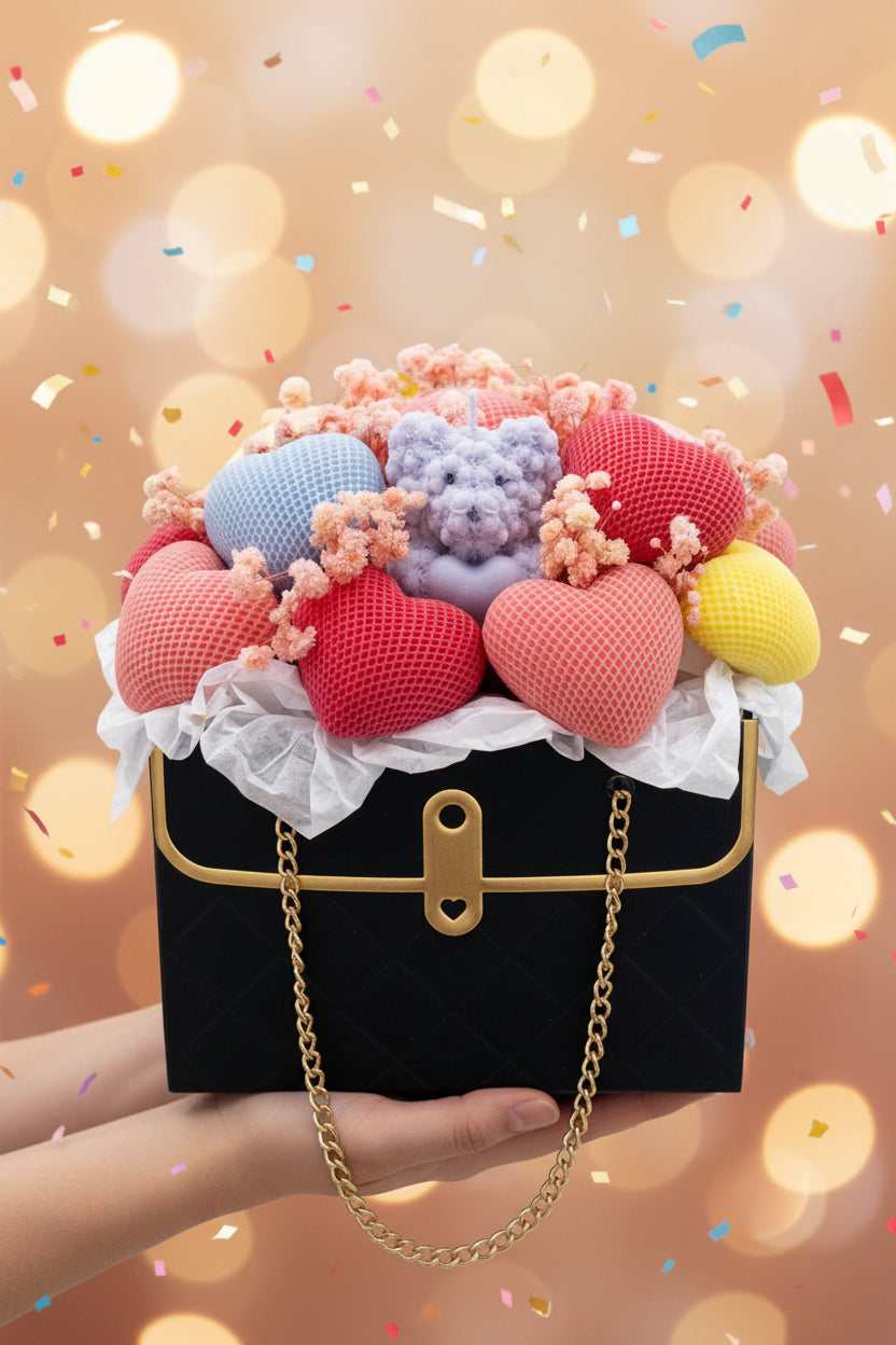 Black handbag with colorful hearts and teddy bears on a white background