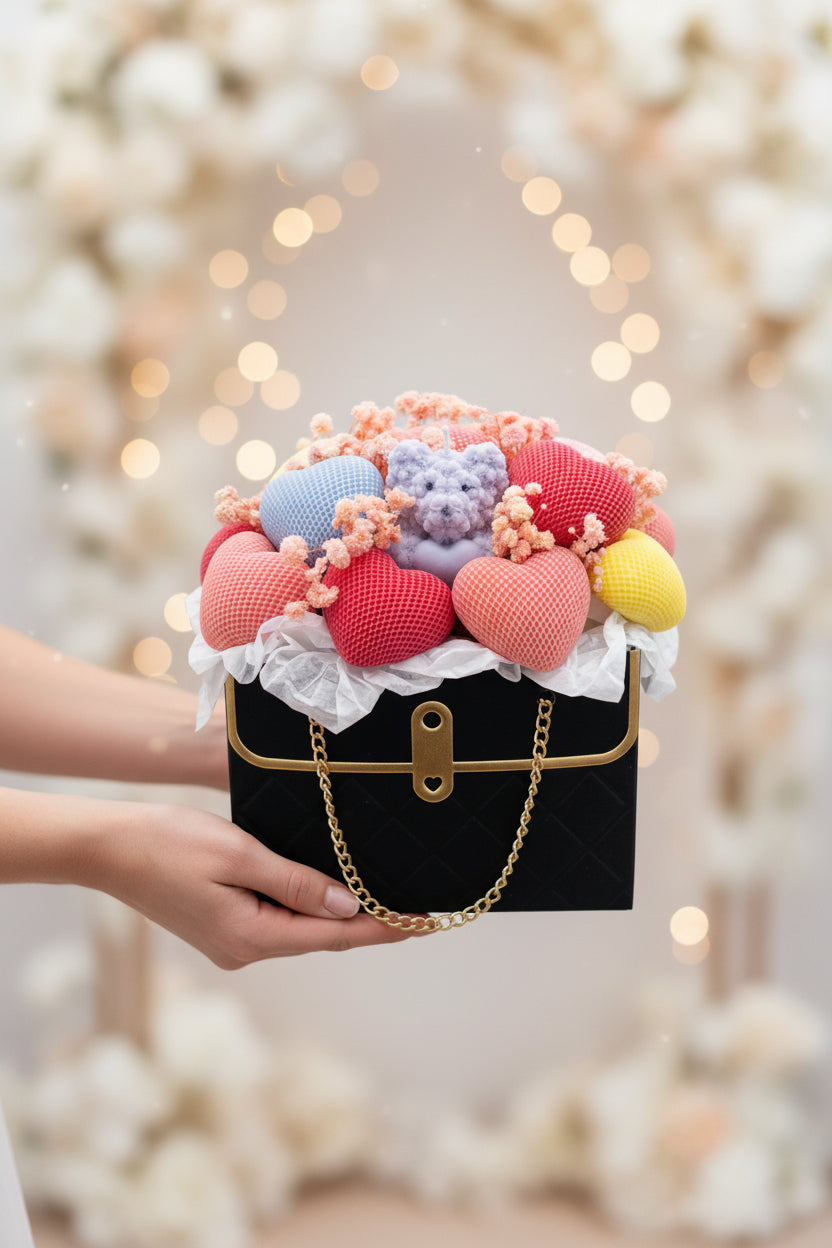 Black handbag with colorful hearts and teddy bears on a white background