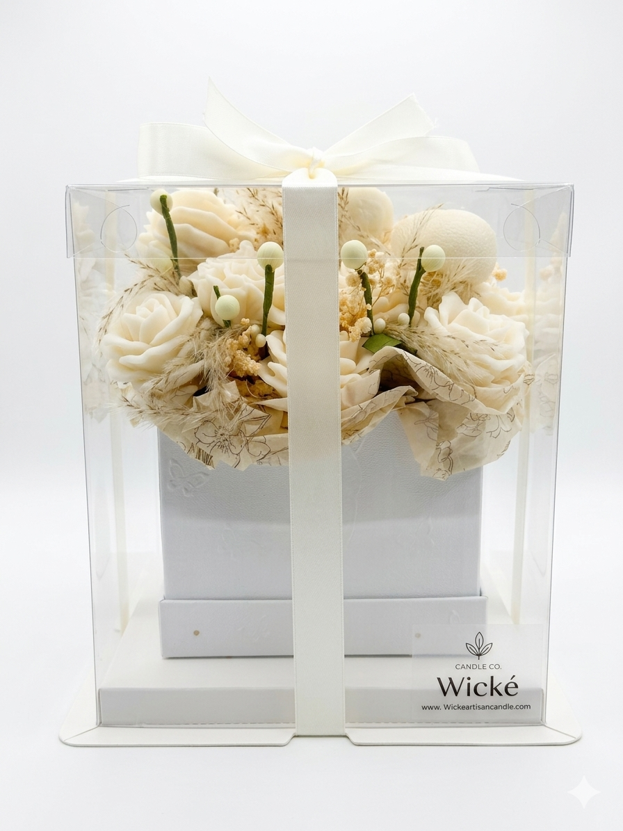 White candles in a decorative box with floral elements, branded 'Wicke'.