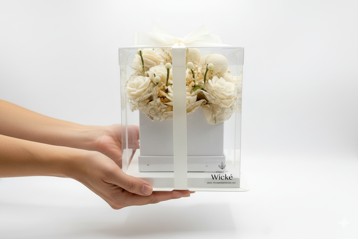 White candles in a decorative box with floral elements, branded 'Wicke'.