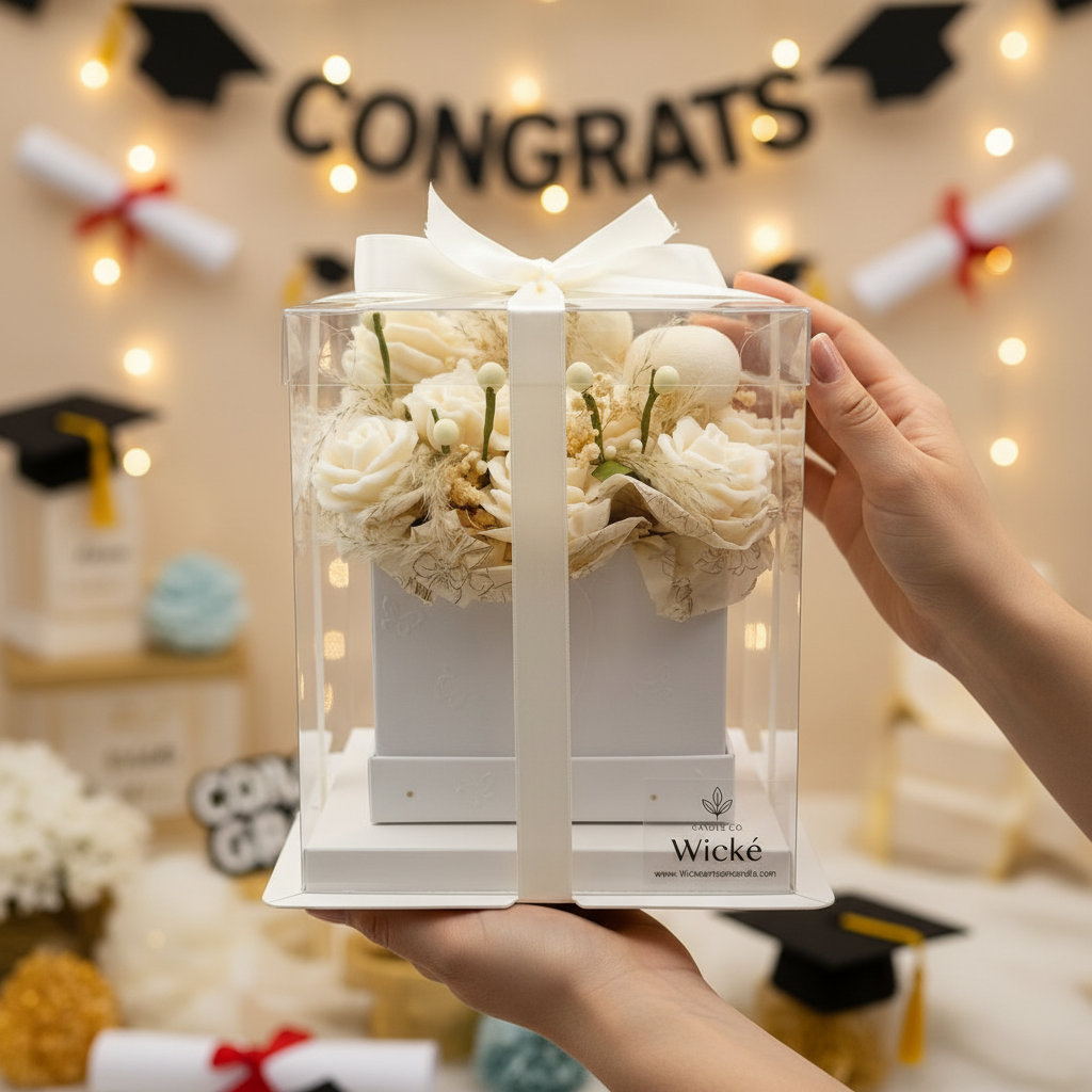 White candles in a decorative box with floral elements, branded 'Wicke'.