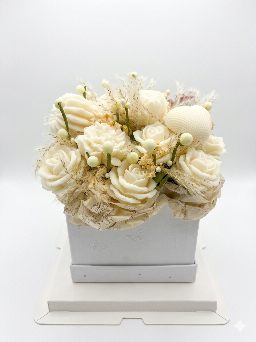 White floral arrangement in a box on a white background