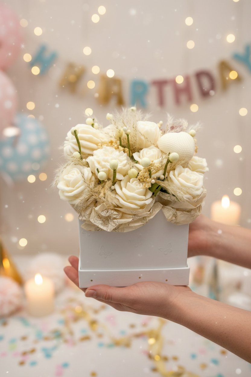 White floral arrangement in a box on a white background