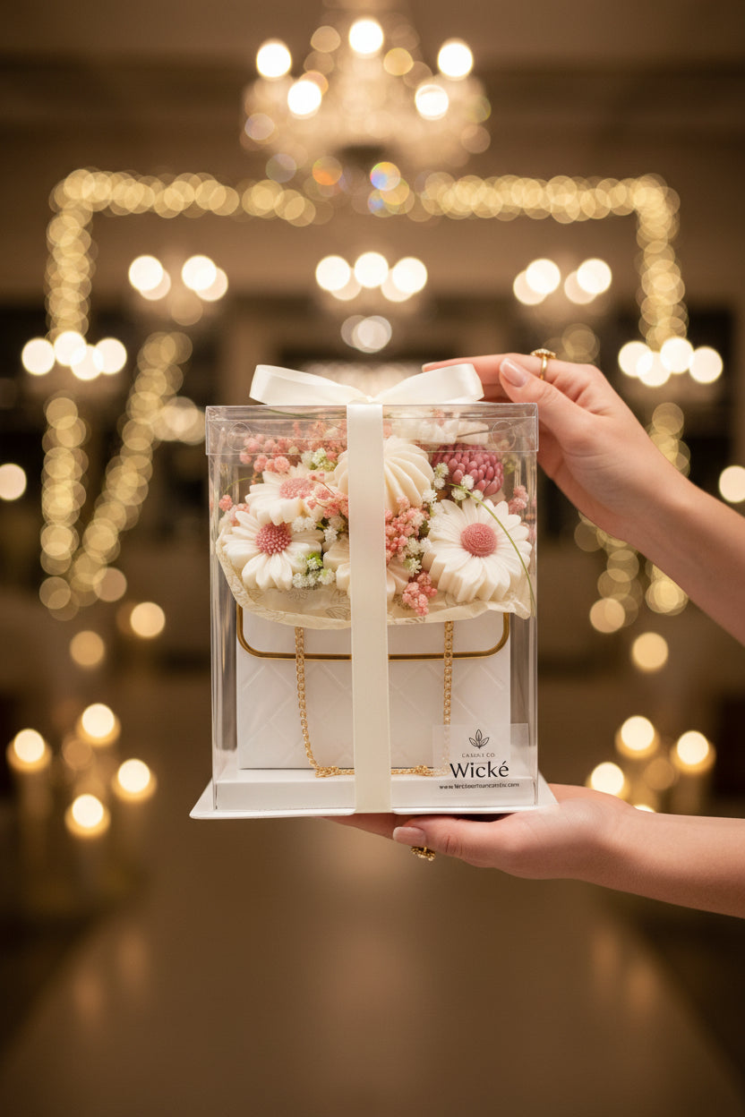 Wicke candle with floral design and gold chain in packaging on a white background