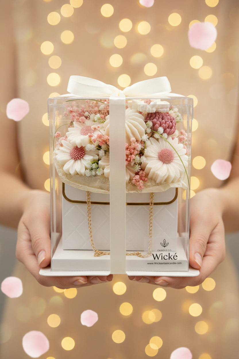 Wicke candle with floral design and gold chain in packaging on a white background