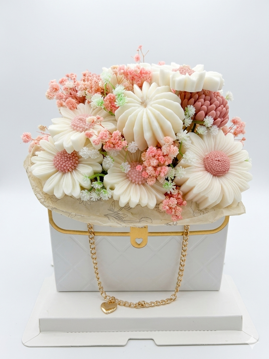Floral arrangement in a white box with a gold chain on a light gray background