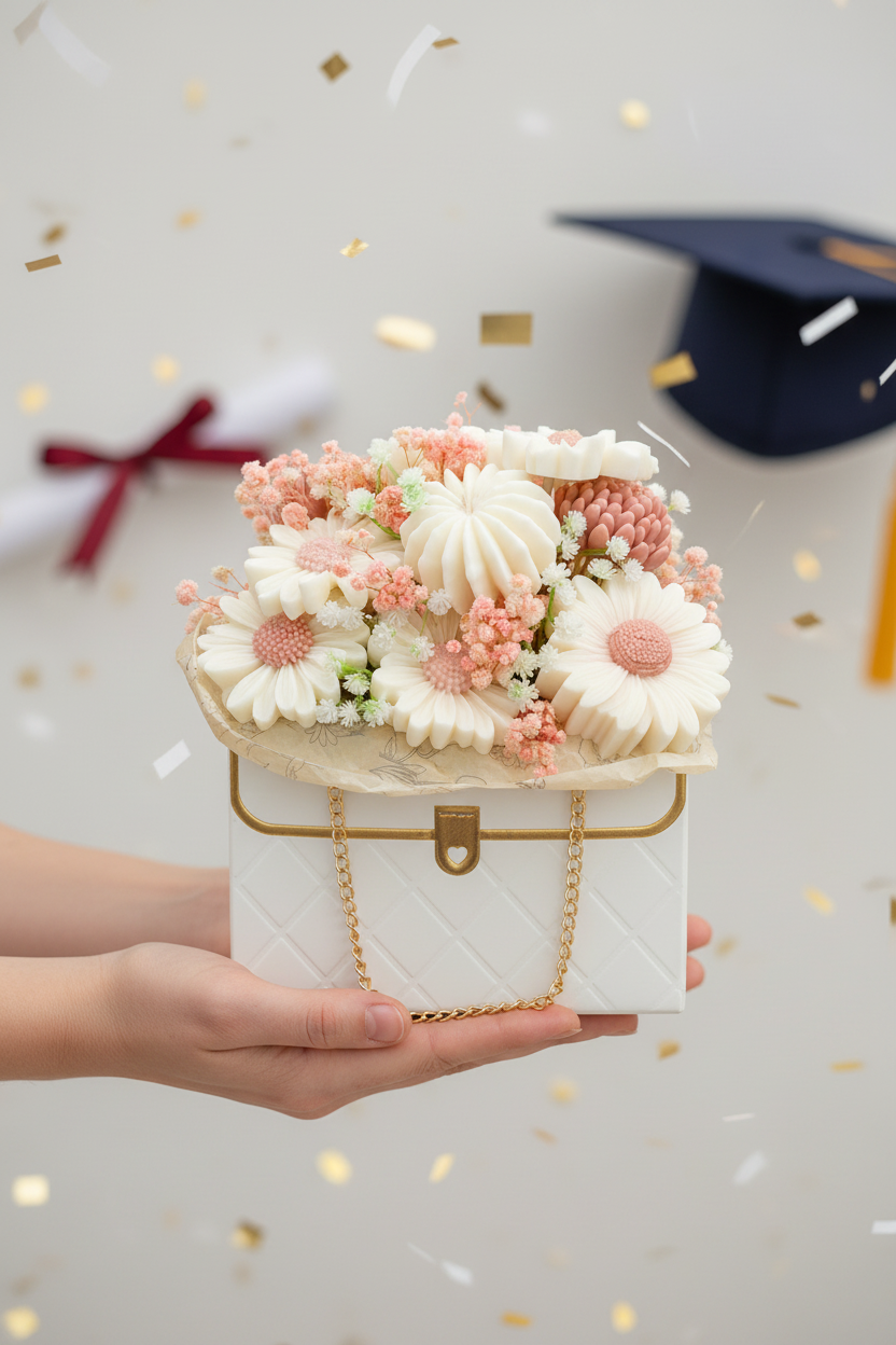 Floral arrangement in a white box with a gold chain on a light gray background