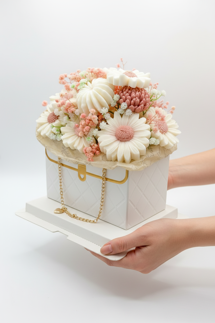 Floral arrangement in a white box with a gold chain on a light gray background