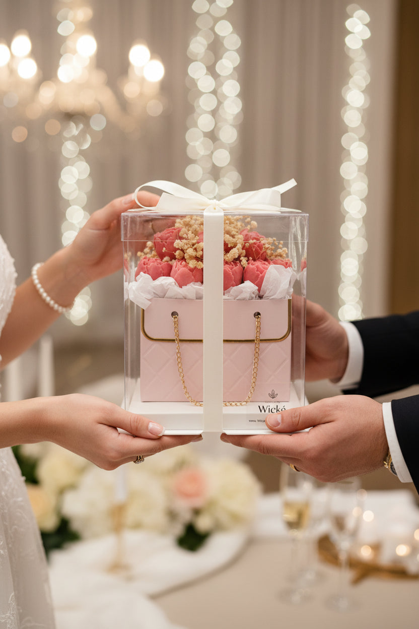 Floral arrangement in a decorative box with 'Wicke' branding on a white background