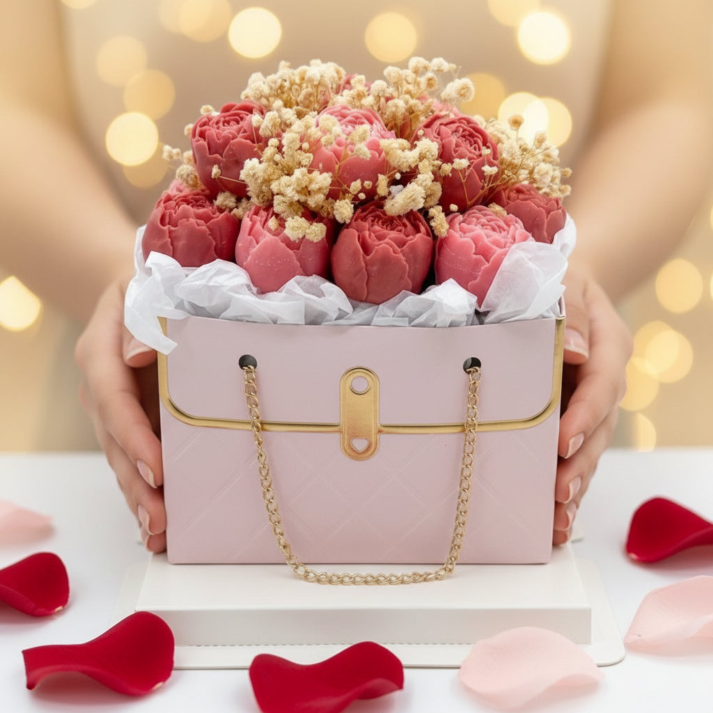Pink handbag-shaped box with flowers on a white background