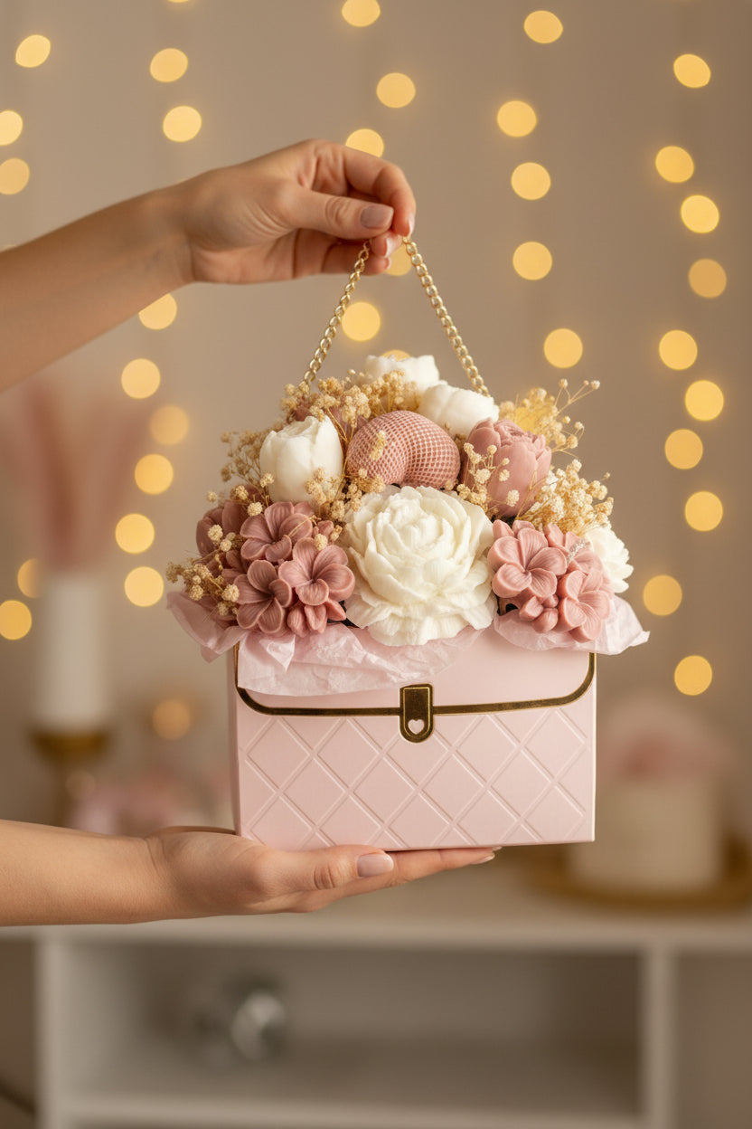 Pink handbag with floral arrangement on a white background