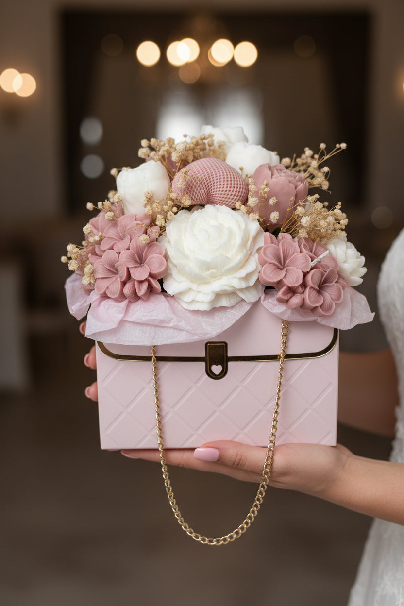 Pink handbag with floral arrangement on a white background