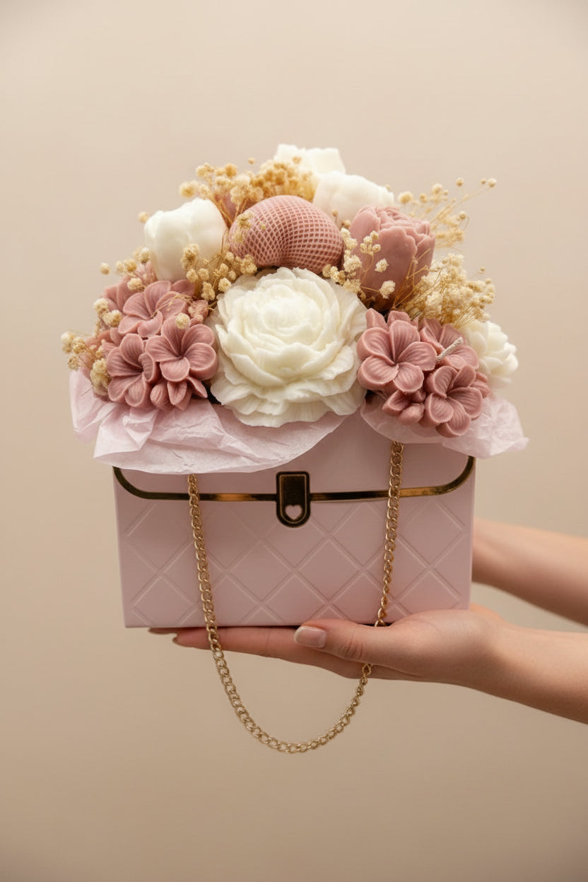 Pink handbag with floral arrangement on a white background