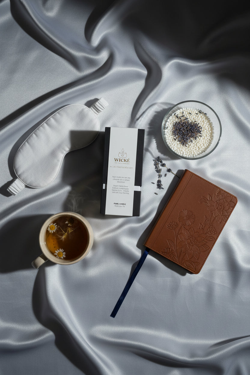 A premium overhead flat lay shot of the WICKÉ Lavender box, surrounded by curated items for a calming bedtime ritual. These include: a crisp linen sleep mask, a ceramic mug of herbal tea, a soft leather journal, and a glass bowl filled with the white wax pearls and integrated dried lavender buds. The entire scene is set on a light gray silk fabric, bathed in soft, cool moonlight, conveying deep peace and comfort.