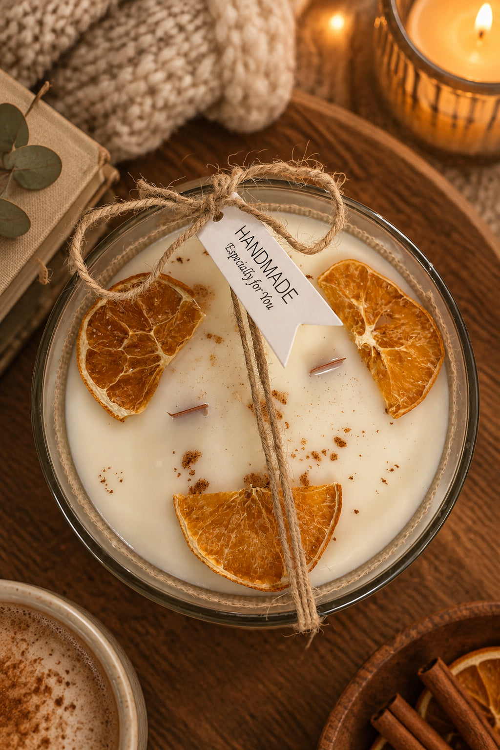 Santal Bois and Orange dried flower bowl candle with dried orange and cinnamon in a glass bowl