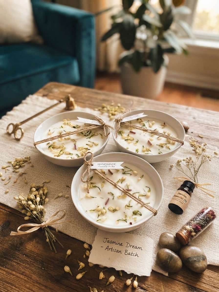 Jasmine dried flower bowl candle, hand-poured in Kitchener and made for a candle warmer