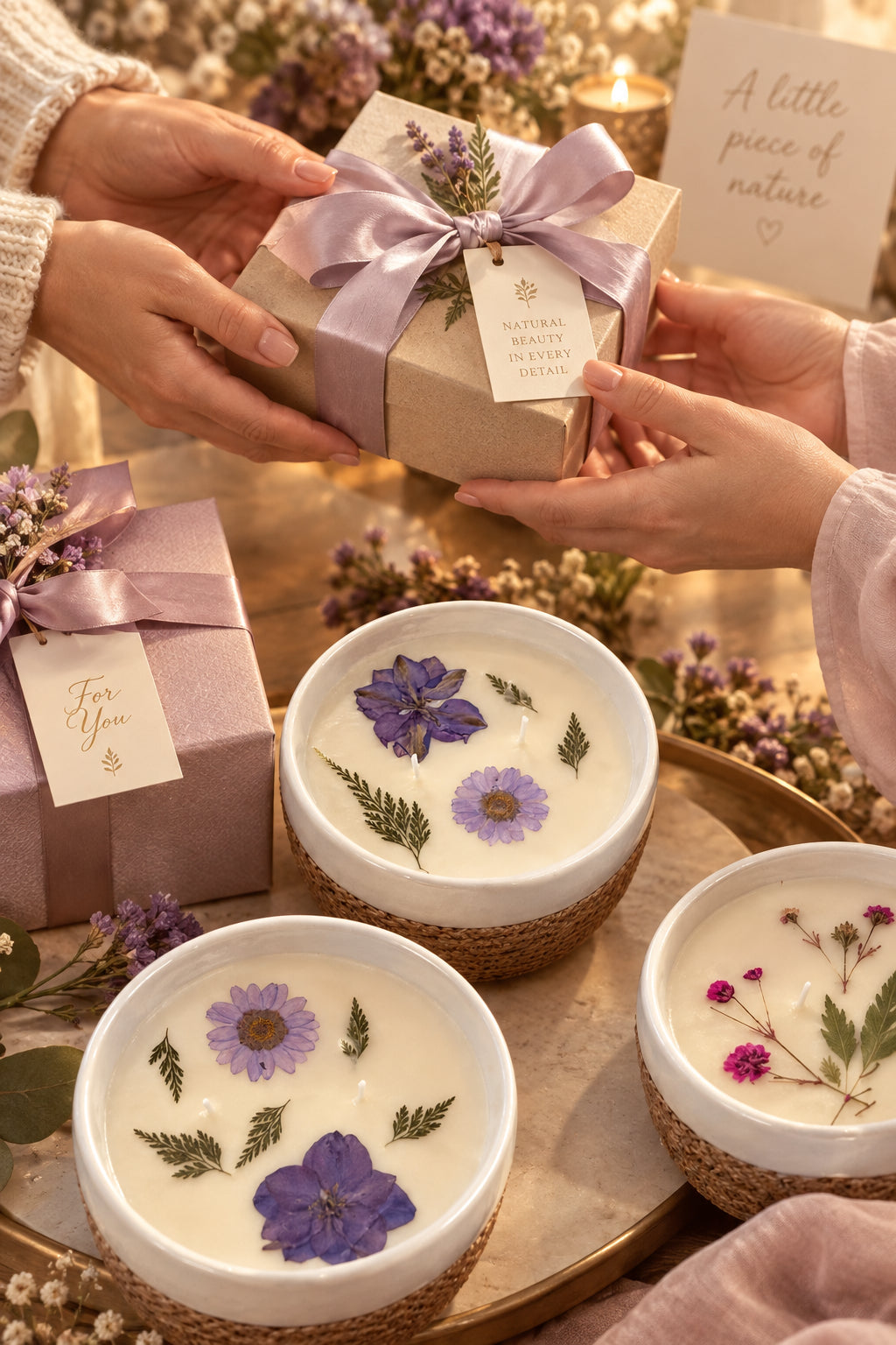 Pressed flower keepsake candle ready to give, hand-poured in small batches