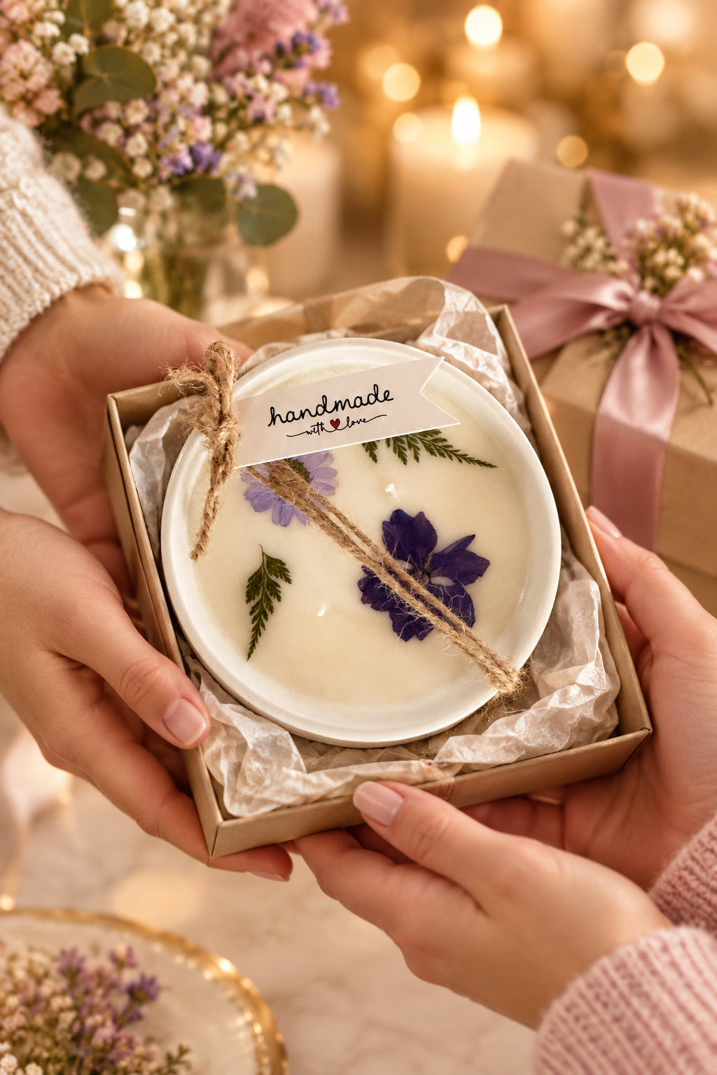 Pressed flower keepsake candle with the scent name printed on the white ceramic bowl