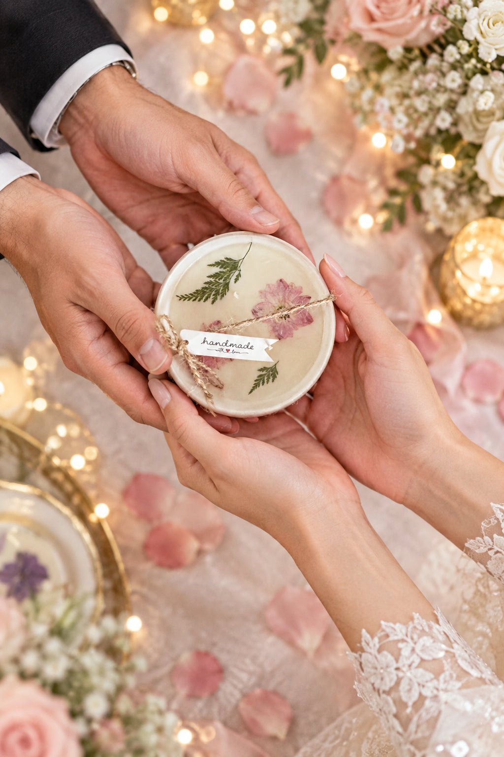 Keepsake candle with pressed flowers set into soy wax, in a gift box with a window