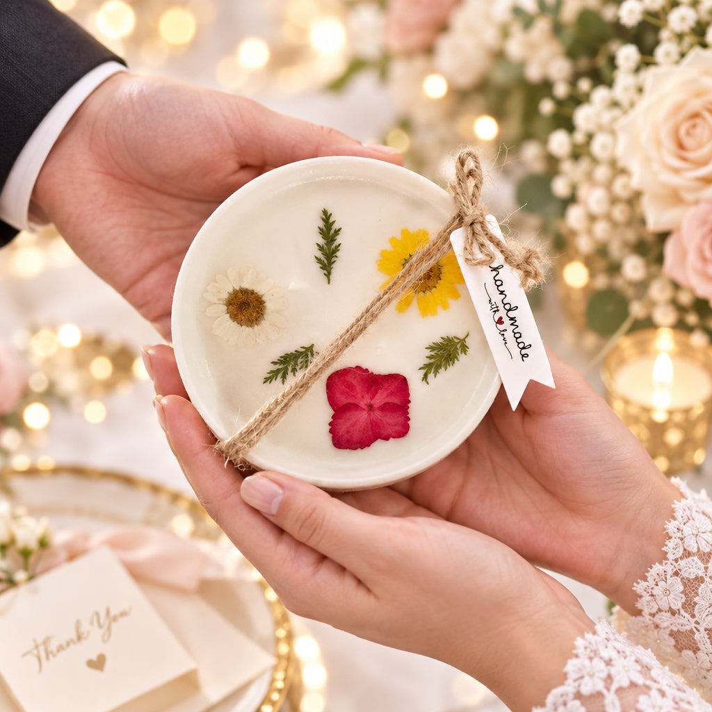 Tray of pressed flower keepsake candles, each one with a different flower design