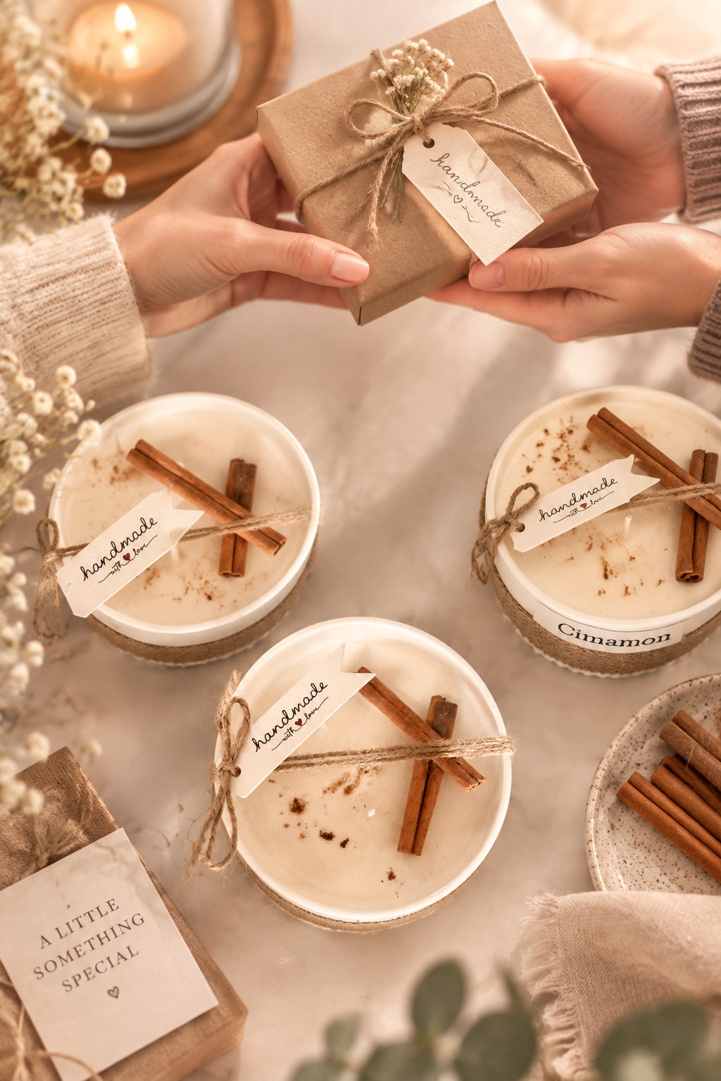 Soy keepsake candle wrapped in jute, pressed flowers on top, ready to be boxed