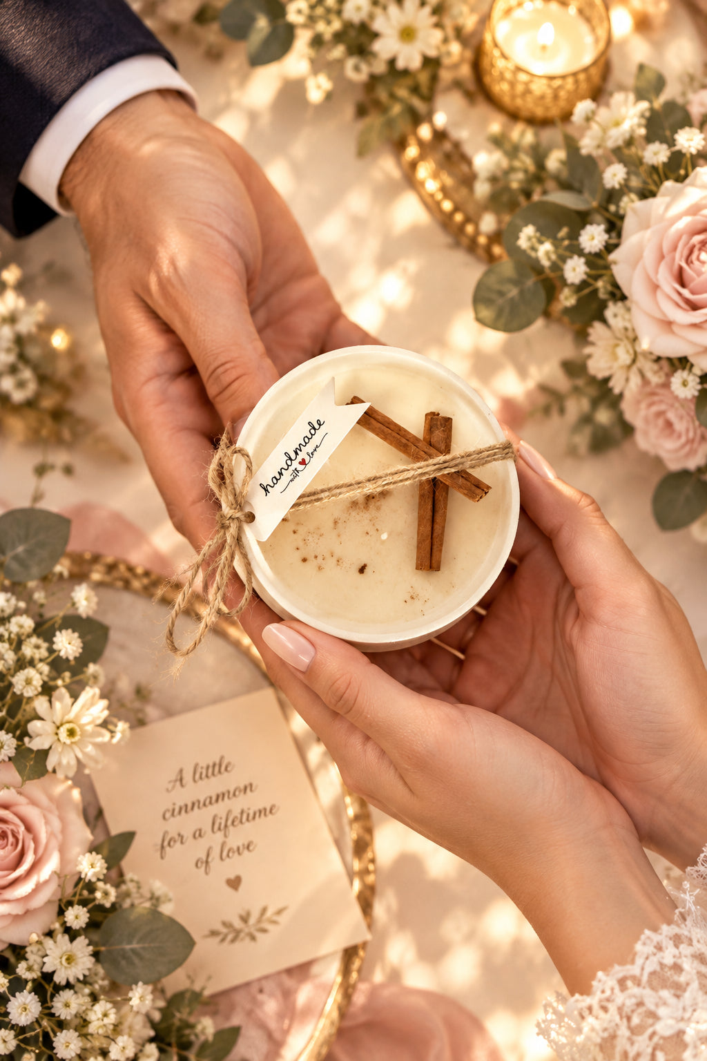 Pressed flower keepsake candle beside its white gift box and ribbon