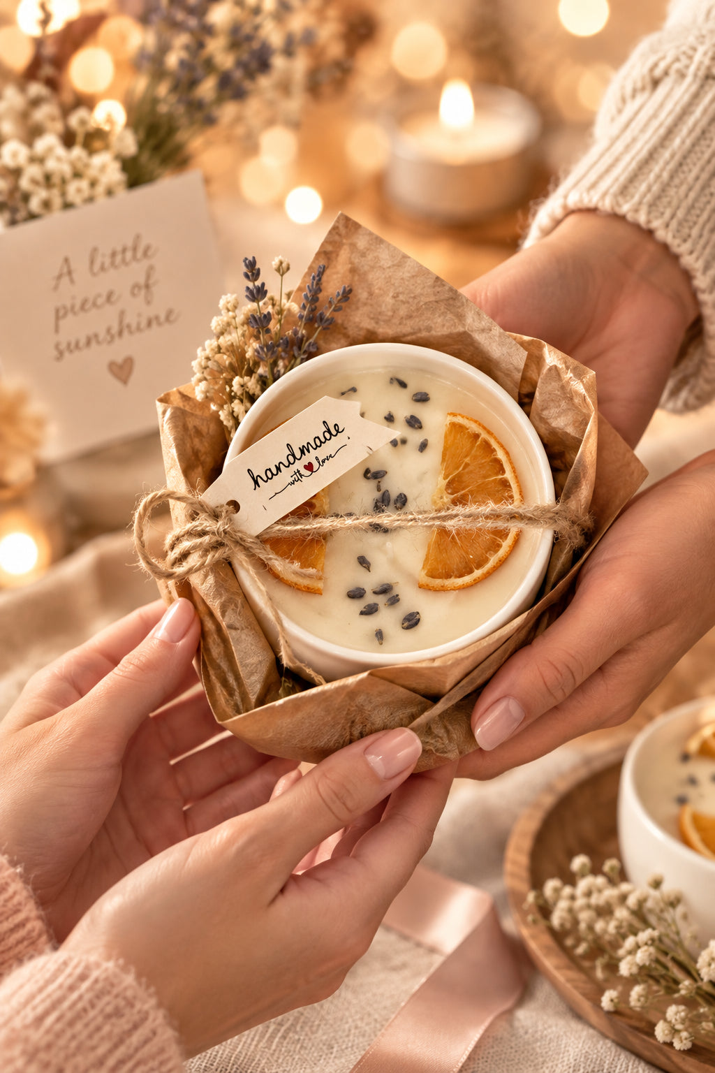Pressed flower keepsake candle in a jute-wrapped ceramic bowl, a gift for a wedding guest