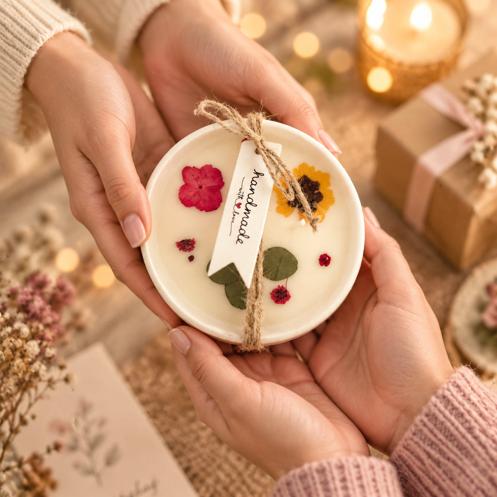 Keepsake candle with pressed daisies and fern in soy wax, wrapped in jute