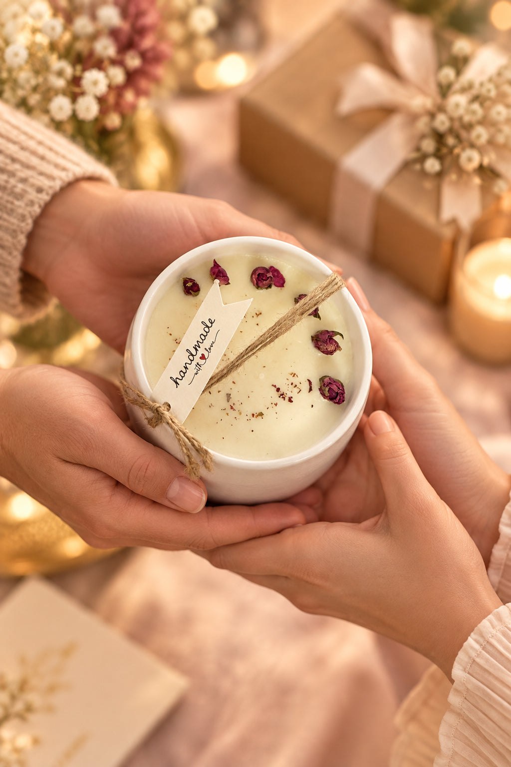 Hand-poured soy keepsake candle with dried botanicals pressed into the wax