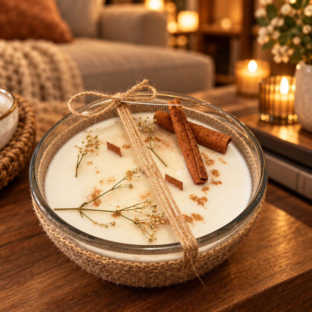Cinnamon Orchard dried flower bowl candle topped with cinnamon sticks and baby's breath