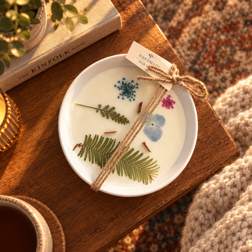 Porcelain Meadow dried flower bowl candle with pressed botanicals in a glass bowl