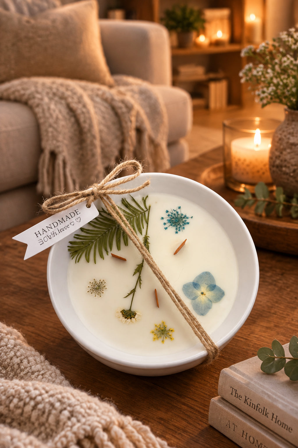 Hand-poured dried flower bowl candle from Wicke Artisan Candle in Kitchener, Ontario