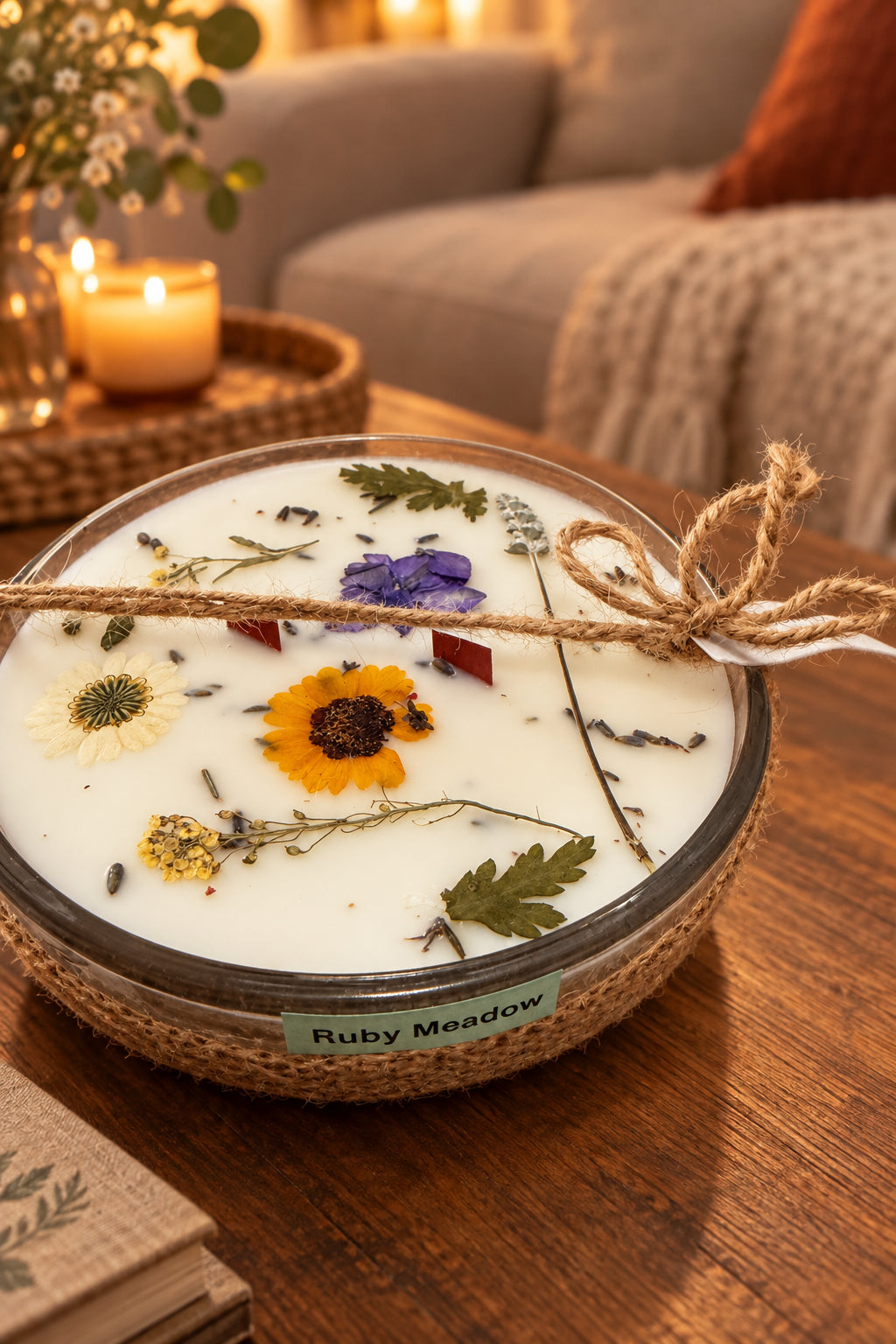 Ruby Meadow dried flower bowl candle with pressed flowers, hand-poured in Kitchener