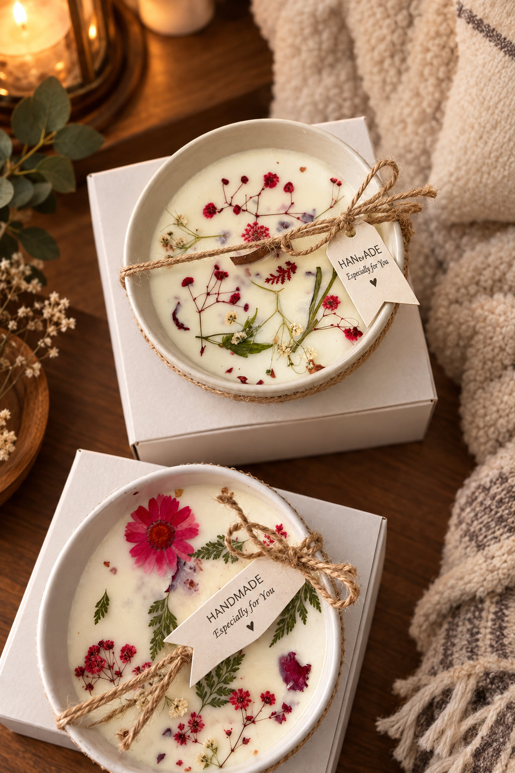 Ash and Petal dried flower bowl candle with pressed flowers in a white ceramic bowl