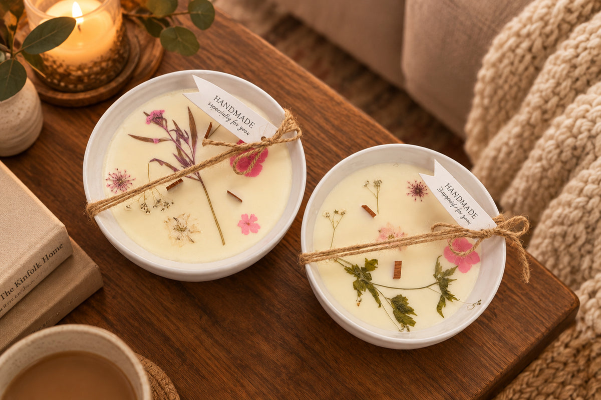 Petal Drift dried flower bowl candle with pressed flowers, hand-poured in Kitchener
