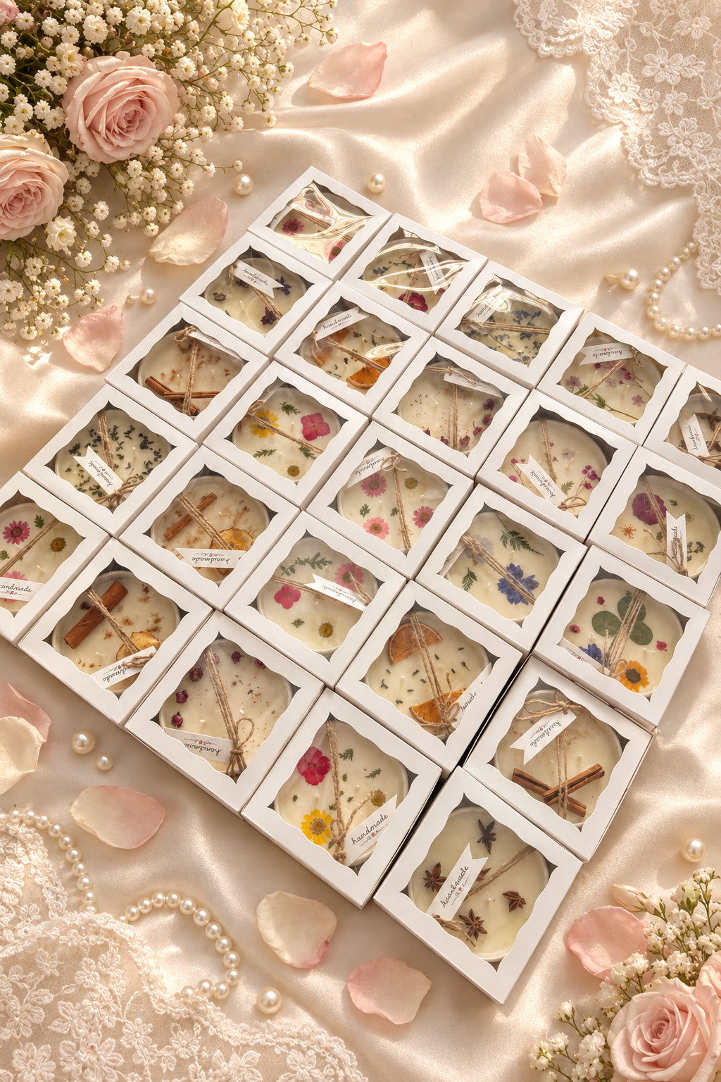 Pressed flower candle boxed with a ribbon and a handmade tag, ready to give