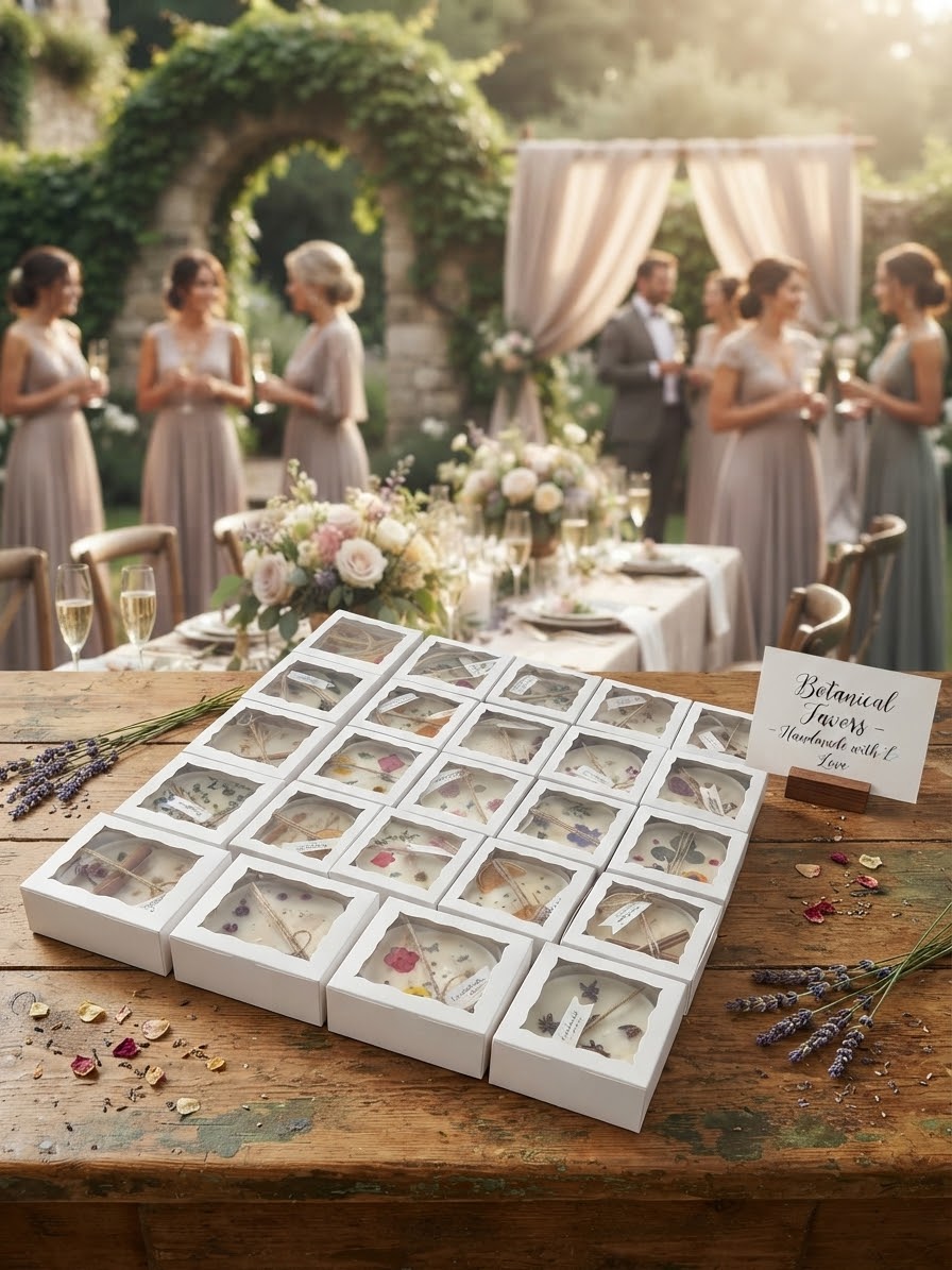 Pressed flower keepsake candles boxed with satin ribbons for a wedding or shower