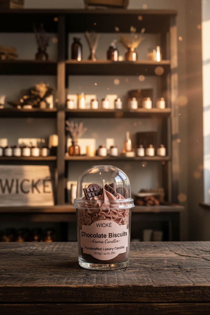 A WICKÉ Chocolate Biscuits aroma candle in a clear glass jar with a clear dome lid, filled with brown frosting and chocolate biscuit-shaped wax pieces, on a light gray background.