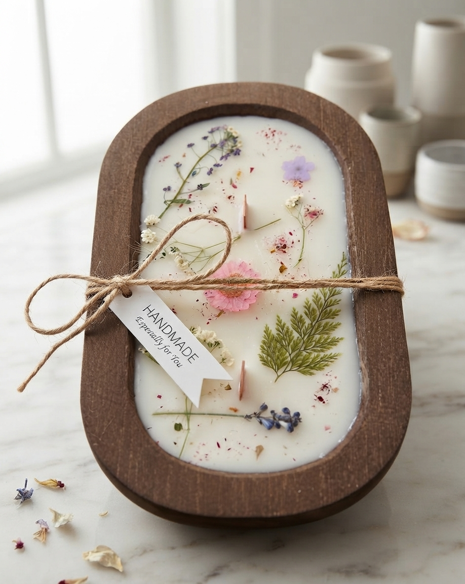 An oval dark wood dough bowl candle filled with white wax, featuring wooden wicks and decorated with embedded pressed flowers and greenery, tied with twine and a "Handmade" tag