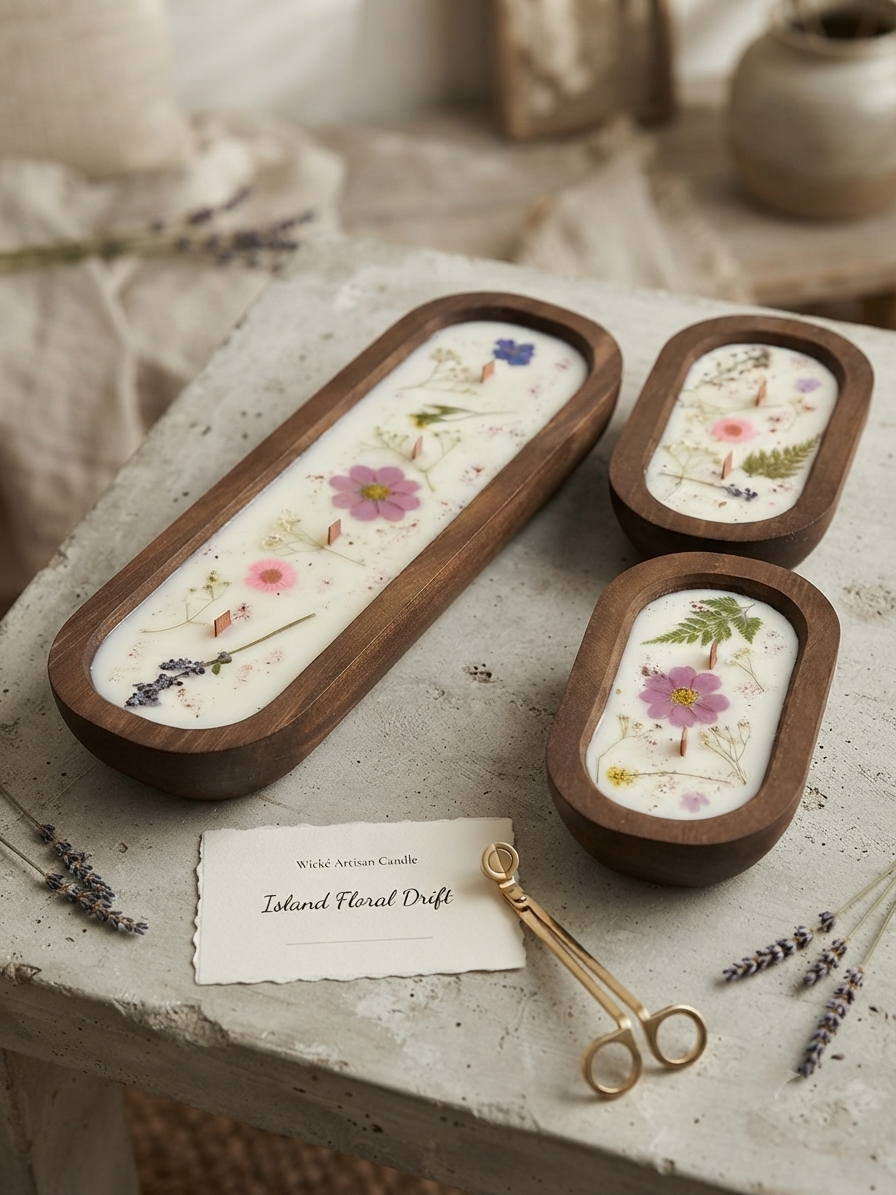A large rectangular wooden dough bowl candle and two smaller square wooden dough bowl candles filled with white wax, featuring wooden wicks and decorated with embedded pressed flowers and greenery, displayed on a rustic white surface next to a product card and wick trimmer.