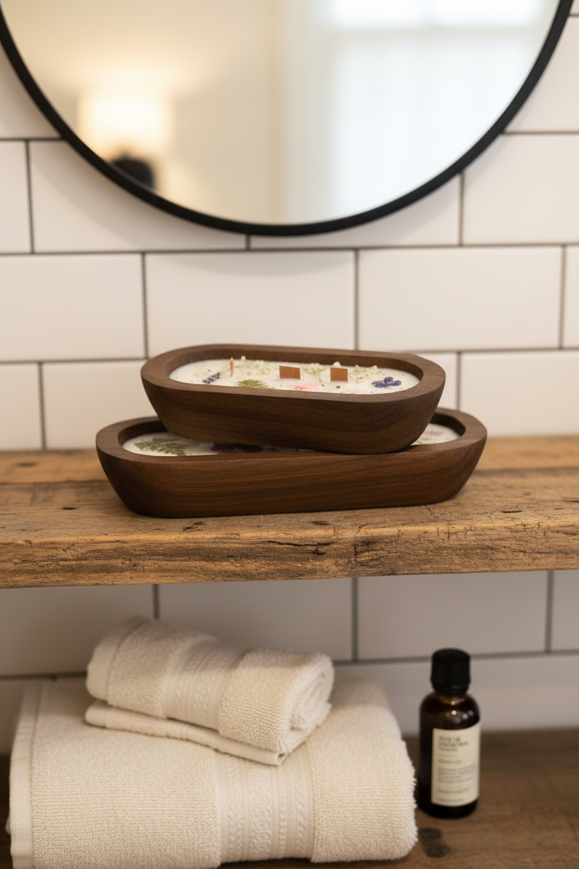 Four oval wooden trays containing white wax candles with embedded pressed flowers and greenery, arranged on a light gray surface.