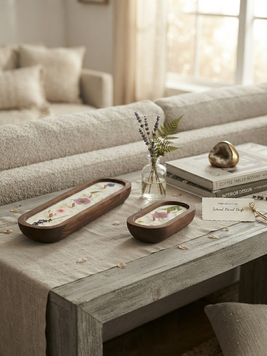 Two oval dark wood decorative trays with floral inlay are styled on a rustic coffee table in a cozy living room setting.