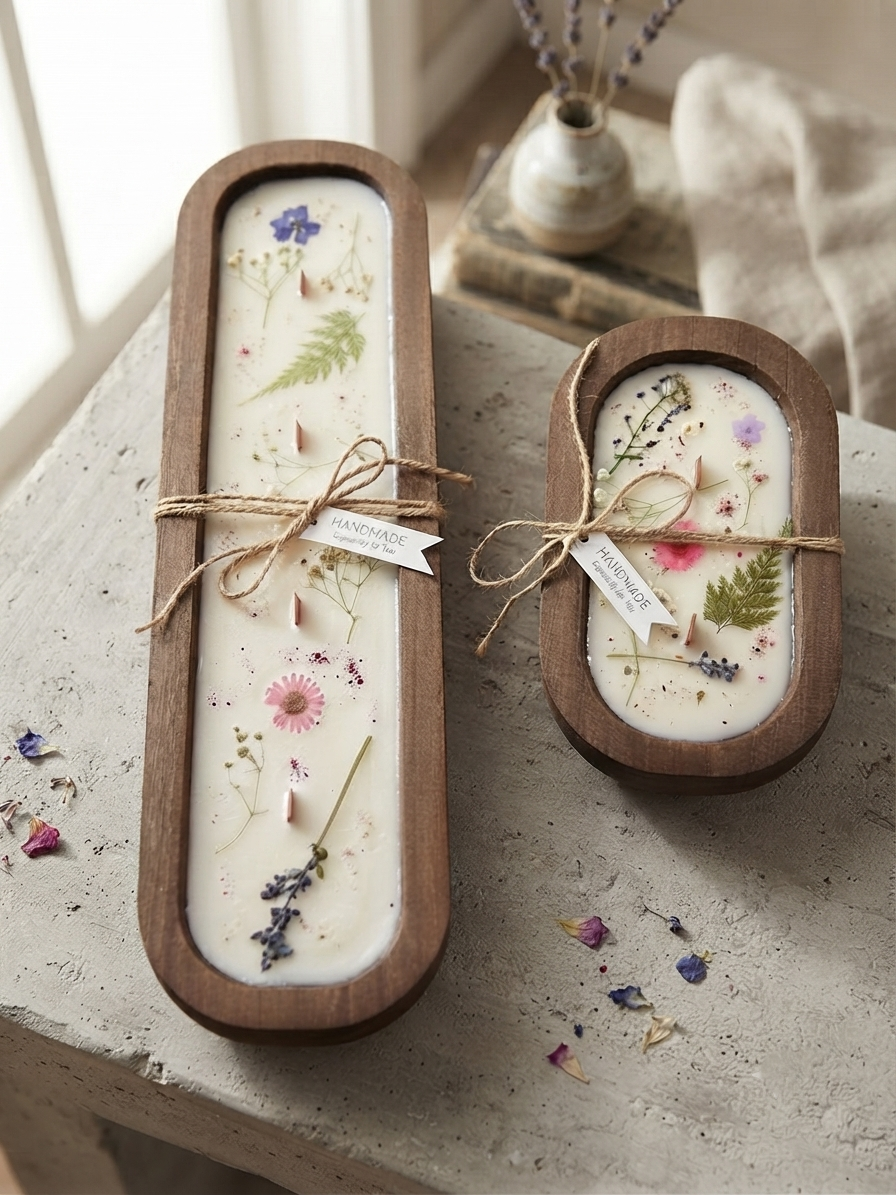 Two wooden keepsake candle boxes with rounded rectangular shapes, filled with cream-colored wax and pressed botanical elements, tied with twine and small paper tags, displayed on a stone surface.