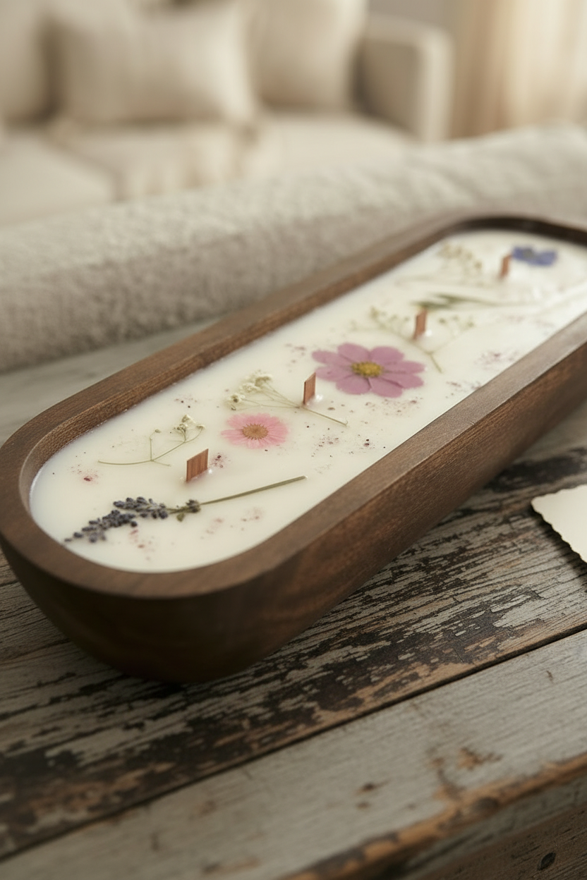 A rectangular wooden candle tray filled with white wax and pressed flowers, including pink and purple blossoms, resting on a soft beige fabric surface. A small paper tag reads 'Washed Artisan Candle Island Floral D.
