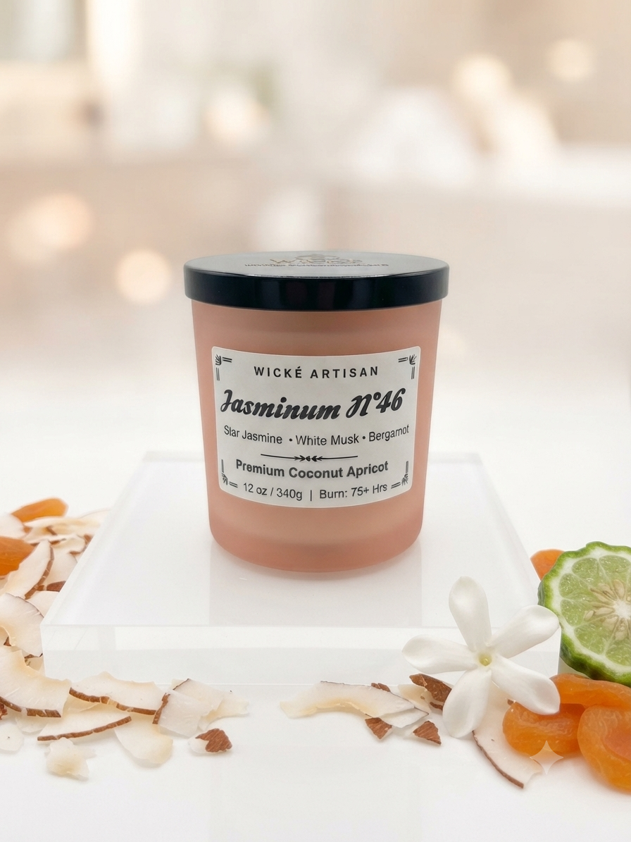 A Wicked Artisan Jasmine No.46 scented candle in a frosted glass jar with a black lid, styled on a white pedestal with coconut flakes, dried apricots, a lime slice, and a white flower.